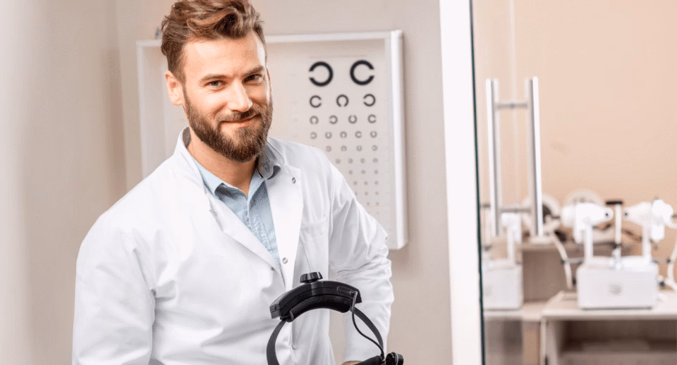 A doctor holding a headset