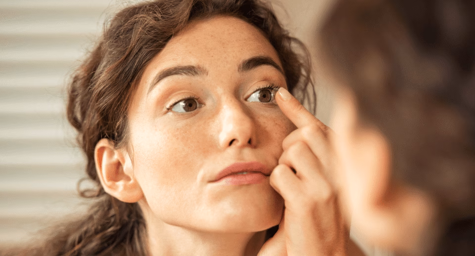 A woman puts a contact lens in her eye